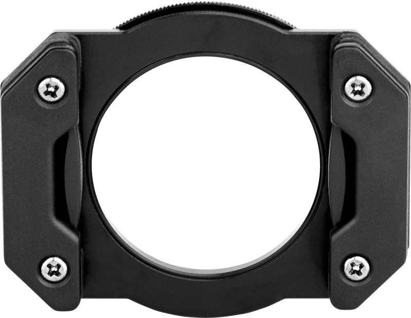 Close-up of NiSi filter holder for Ricoh GR III disc filter holder, black, circular metal filter holder with four visible screws and toothed top edge, against a white background.
