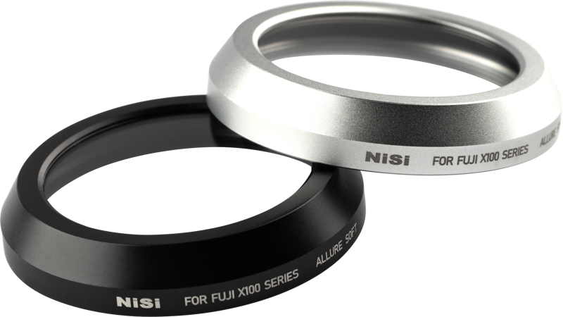 Two NiSi Filter Allure Soft for Fuji X100 (Black) diffusion filter lens covers, black and silver, are stacked partially on top of each other on a white background.