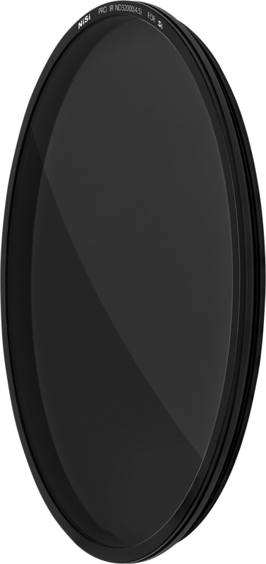 Circular dark NiSi filter Circular for S6 ND32000 (15 stop) disc filter with thin black frame, slightly tilted against a grey background.
