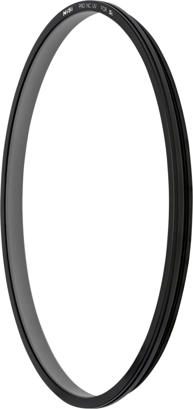 Thin, round NiSi filter Circular for S6 PRO NC UV disc filter with black metal frame, visible against a light grey background.