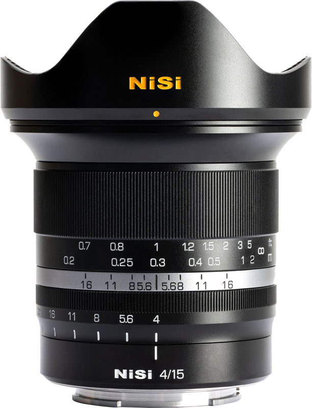 The NiSi 15mm f/4 - L-Mount lens features a wide-angle hood, distance and aperture markings and the NiSi logo on both the hood and barrel, all against a white background.