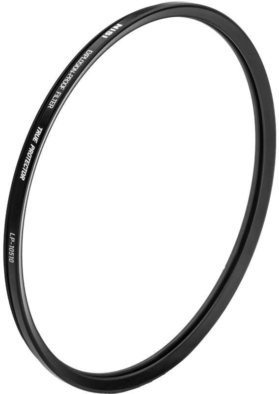 800q-01_117387 The slim, round NiSi Cine Filter Explosion Proof / True Protector LP10510 for Cooke 5I/S6I/S7A (Small) with black metal border marked "TRUE PROTECTOR" and "NISI" is shown at an angle on a plain background.