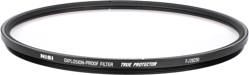 800q-01_118806 Round, black NiSi Cine filter Explosion Proof / True Protector FJ28250 for Fujino Premista 28-100 & 80-250 lenses with transparent centre, visible against a white background.