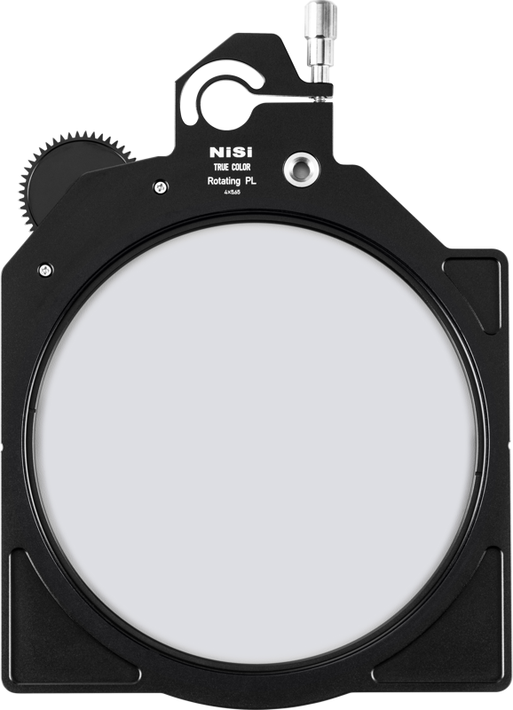 NiSi Cine Filter Rotating CPL TRUE COLOR 4x5.65" disc filter, round with black frame, with side gear and silver control knob on top, marked NiSi True Color Rotating PL.
