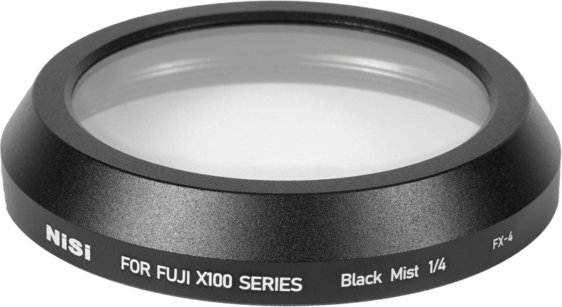 NiSi filter Black Mist 1/4 Fujifilm X-100 series black diffusion filter is shown in close-up with black metal frame and clear glass, designed for Fuji X100 series cameras.