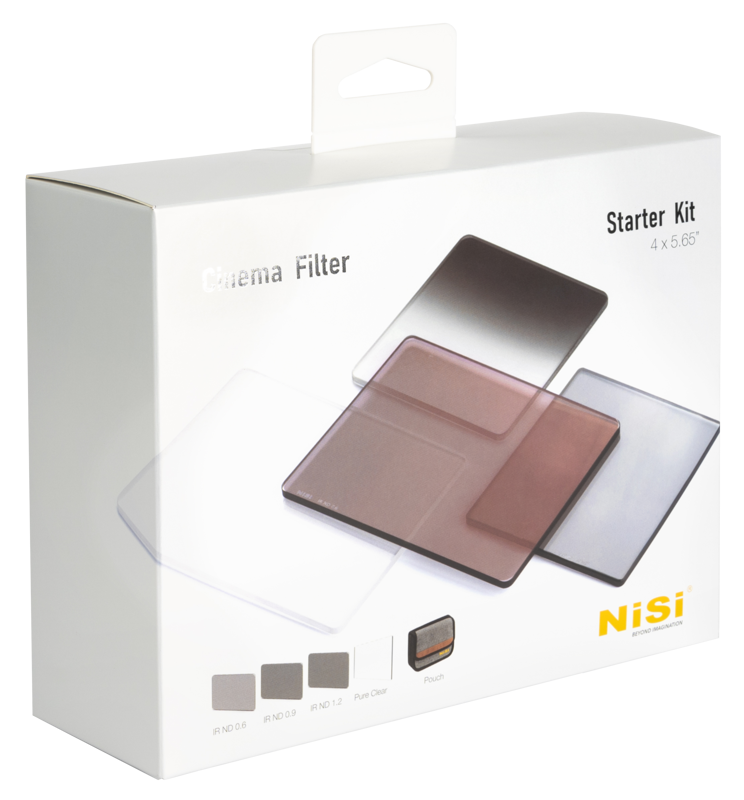 Valkoisessa NiSi Cine Filter Starter Kit 4x5.65" -levysuodinpakkauksessa on neljä suorakulmaista kamerasuodinta eri sävyissä ja NiSi-logo oikeassa alakulmassa.