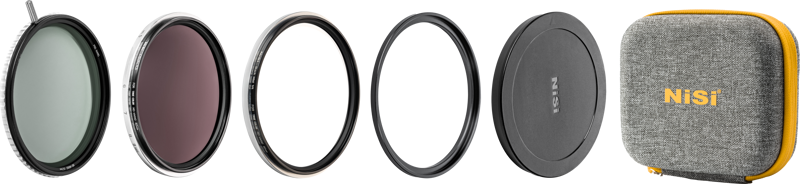 NiSi Filter Swift System VND / Black Mist Kit 67mm sisältää viisi kameran objektiivin suodatinta ja tarvikkeet: säädettävä suodatin, värilliset ja kirkkaat suodattimet, linssinsuojus ja harmaa vetoketjullinen kotelo, jossa on keltainen reunus, jossa on merkintä NiSi.