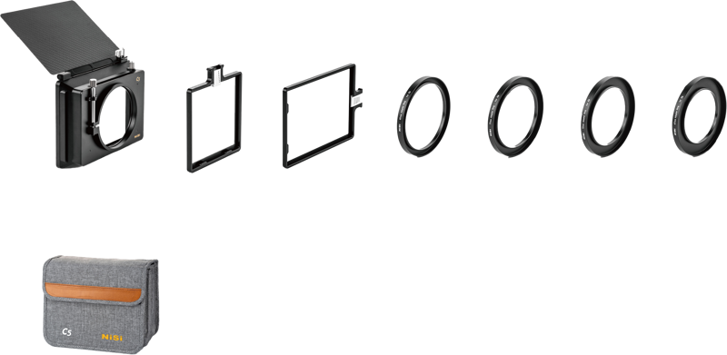 Shown is the NiSi Matte Box C5 Starter Kit, which features a square-shaped holder with top flange, two rectangular frames, four round adapter rings and a grey carrying case with brown details.