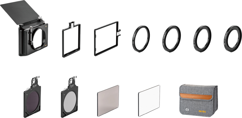 NiSi Matte Box C5 Cinema Kit in a row on a light-coloured background with filter holder, adapter rings, filter frames, round and square filters and a grey carrying case marked NiSi C5.