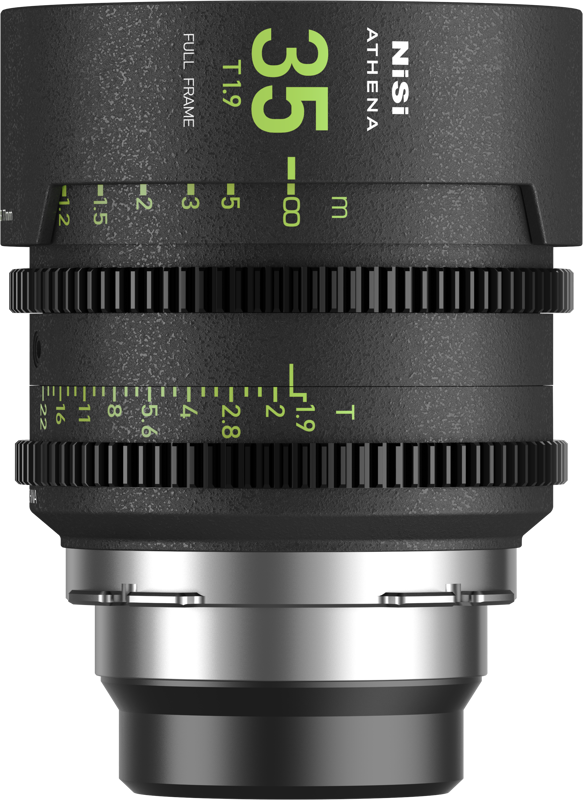 The NiSi Cine Lens Athena Prime 35mm T1.9 PL-Mount lens stands upright, with green focus and aperture markings on its black body and a metal lens mount on its base.