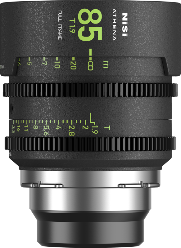 NiSi Cine Lens Athena Prime 85mm T1.9 PL-Mount, full-frame cinema lens with green engraved distance and aperture markings on a black metal body, visible from the side, with the lens mount visible at the bottom.