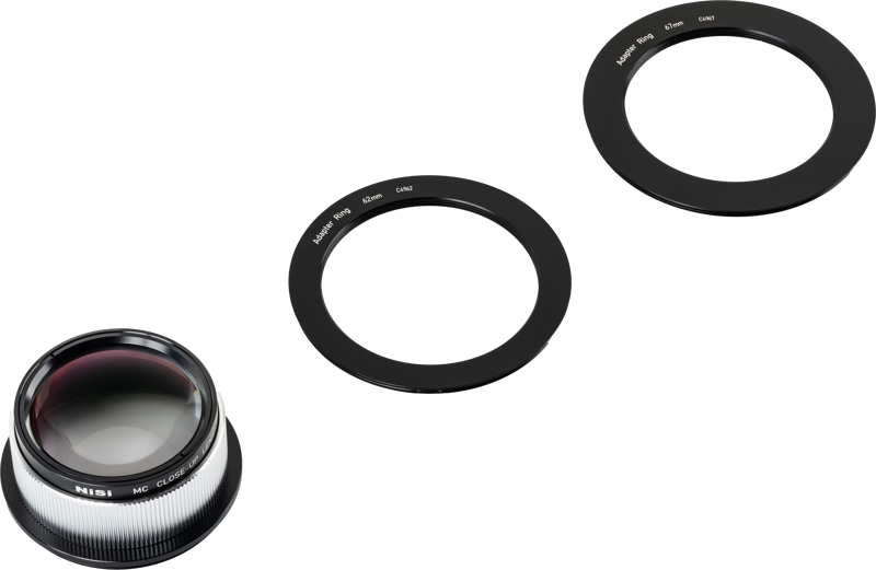 The NiSi Close Up Lens Kit NC 49mm prime lens with a multi-coated lens element is shown next to a circular intensifying ring of two different filter coil sizes on a white background.