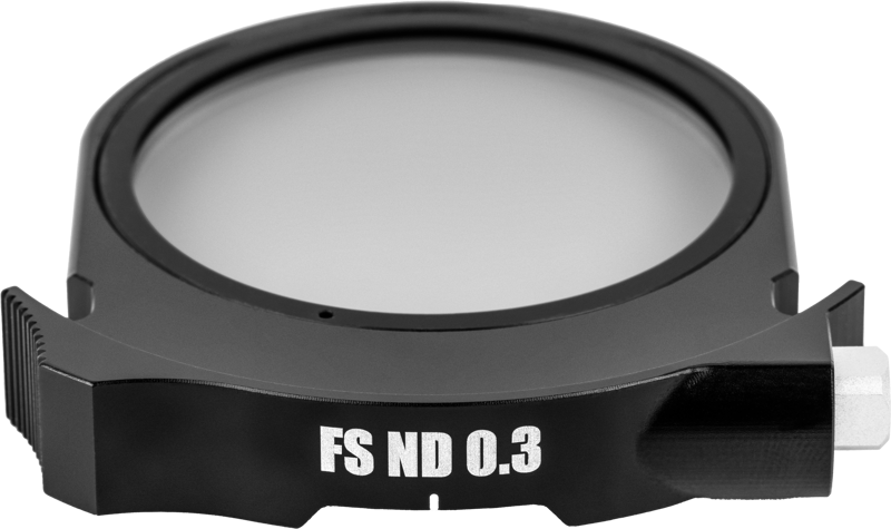 A black round NiSi Cine Drop-In filter FS ND2 (1 Stop) with a knob marked "FS ND 0.3" is visible against a light grey background.