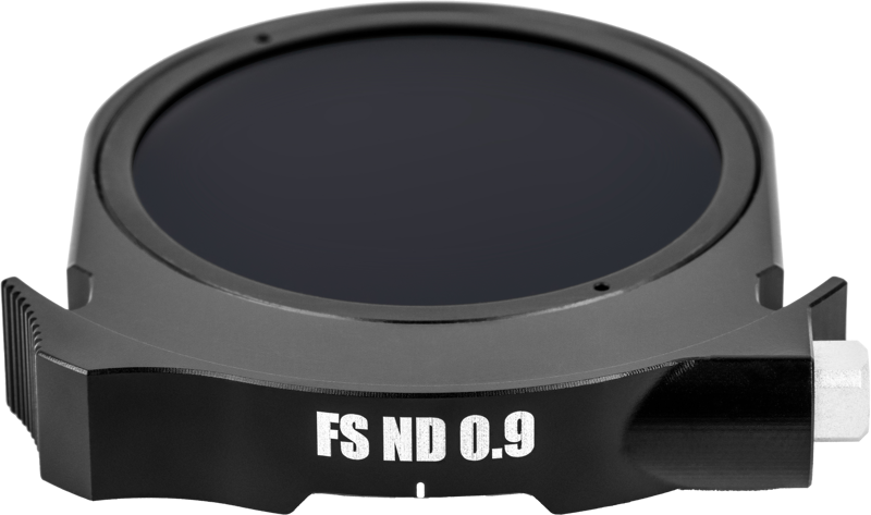 Close-up NiSi Cine Drop-In Filter FS ND8 (3 Stop), a round black camera lens filter, against a white background.
