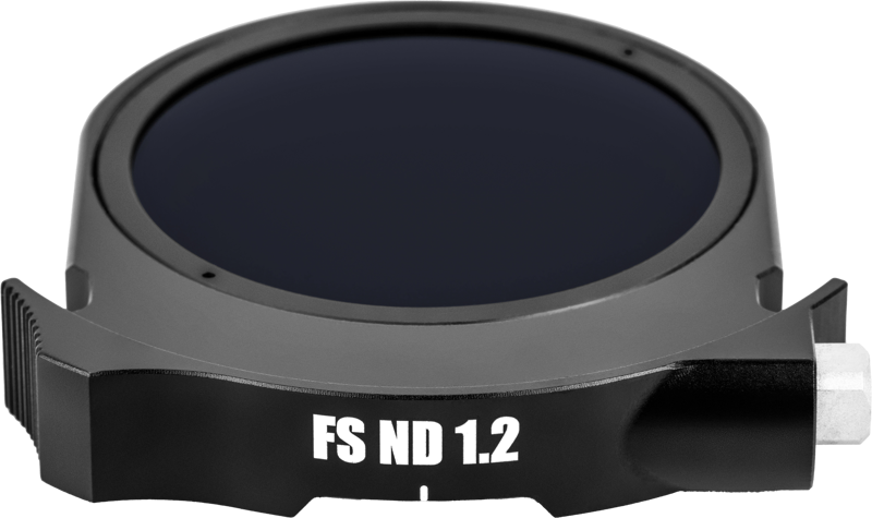 Black round NiSi Cine Drop-In filter FS ND16 (4 Stop) with dark glass, viewed from the side against a white background.