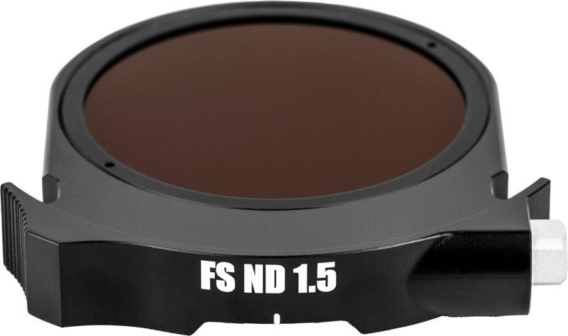 Close-up of a round, dark-toned NiSi Cine Drop-In filter FS ND32 (5 Stop) with white text on a black metal bracket with a brushed handle and a small silver knob.