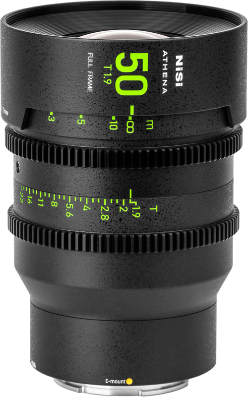 Black NiSi Cine Lens Athena Prime 50mm T1.9 E-Mount (without drop-in filter), full frame, with green markings, graduated scales, ribbed focus ring and E-mount marking on the bottom.