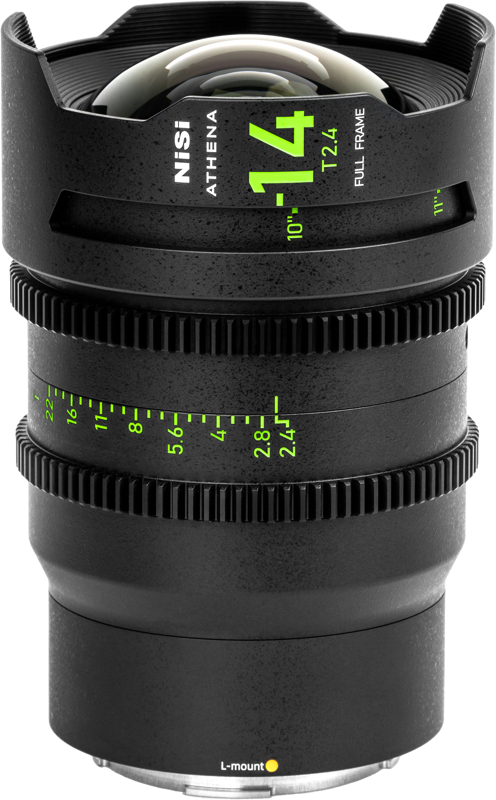 The NiSi Cine L-mount Athena Prime 14mm T2.4 L-Mount lens, with focus ring and aperture rings and green distance markings, is shown against a plain background.