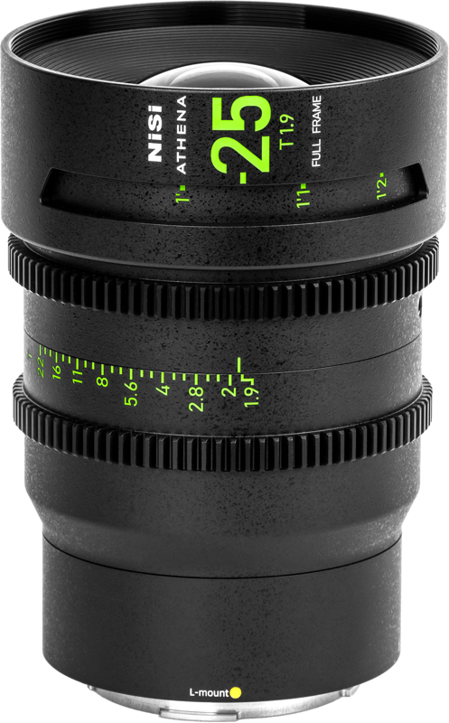 The NiSi Cine Lens Athena Prime 25mm T1.9 L-Mount lens is a black full-frame lens with green and white markings, gear rings for focus and aperture, and an L-mount indicator on the base.