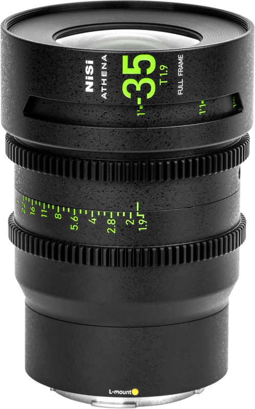 Close-up of NiSi Cine Lens Athena Prime 35mm T1.9 L-Mount lens with black textured body with green and white markings, upright against a light background.