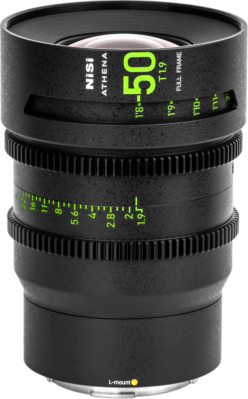 The NiSi Cine Lens Athena Prime 50mm T1.9 L-Mount lens, black with brushed focus ring and green and white markings, is visible against a light background.