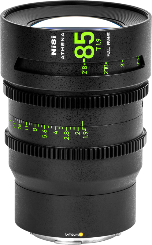 The NiSi Cine Lens Athena Prime 85mm T1.9 L-Mount lens features a black body, textured focus and aperture rings and green markings for distance and aperture values.