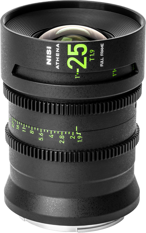 The NiSi Cine Lens Athena Prime 25mm T1.9 G-Mount lens stands upright on a light grey background and features a black body with green and white markings, ribbed focus rings and a distance scale.