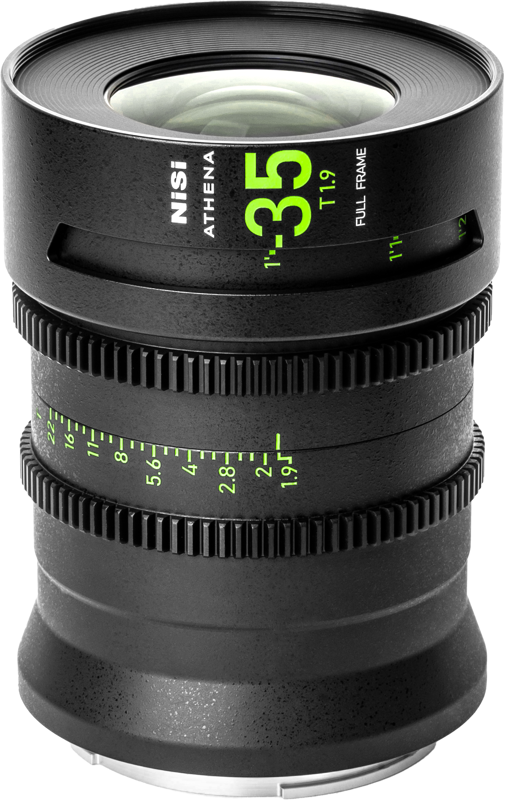 The NiSi Cine Lens Athena Prime 35mm T1.9 G-Mount lens, a black full-frame lens with green focus and aperture markings, stands upright against a light grey background.