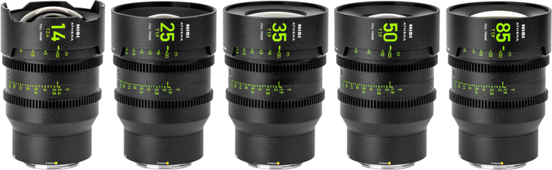 The five black NiSi Cine Lens Athena Prime Set E-Mount lenses (without drop-in filter) are arranged side-by-side, with focal lengths of 14mm, 25mm, 35mm, 50mm and 85mm, and have visible yellow-green focus and aperture markings.
