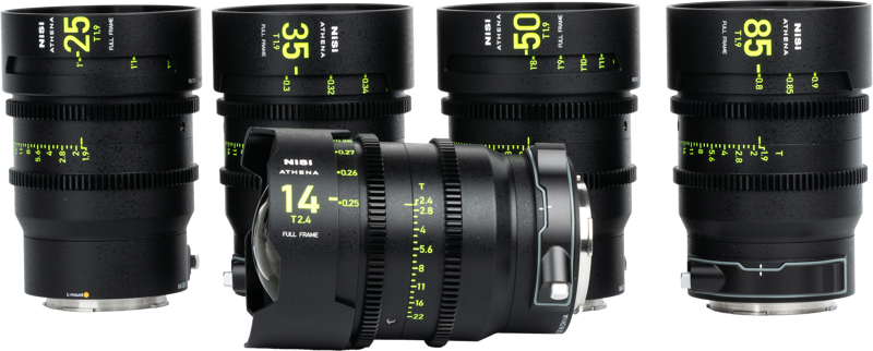 The five black NiSi Cine Lens Athena Prime Set L-Mount lenses with yellow markings are arranged: four (25 mm, 35 mm, 50 mm, 85 mm) are upright and the 14 mm lens is horizontal in front.