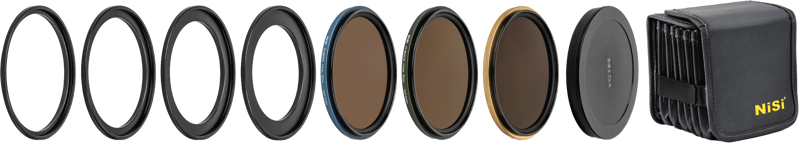 Seven NiSi Filter Swift System FS ND Kit (8+64+1000) 40.5-49 mm lens filters, arranged in a row next to a black carrying case with a yellow NiSi logo, with different colours and edge patterns.
