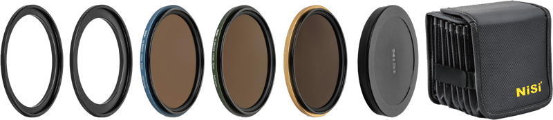 The NiSi Filter Swift System FS ND Kit (8+64+1000) 86/95mm grey filter includes a variety of filters, two empty filter rings, a lens cover and a black NiSi housing, arranged in a row on a white background.