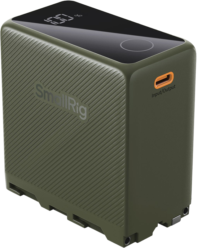 The SmallRig 4577 USB-C Camera Rechargeable Battery NP-F970 (green) has a textured green surface, a digital percentage display at the top and an orange USB-C input/output connector on the side.