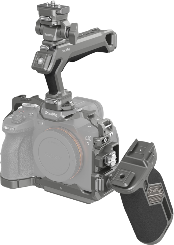 SmallRig 4539 HawkLock Quick Release Advanced Cage Kit parantaa Sony Alpha 7R V / 7 IV / 7S III -kamerasi vakautta ja lisävarusteiden kiinnittämistä videokuvauksen aikana häkillä, yläkahvalla ja sivukahvalla.