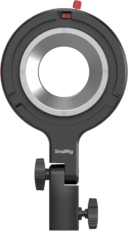 Etukuva SmallRig 4476 Bowens Mount Adapter Partista, mustasta kameran lisävarusteesta, jossa on keskeinen pyöreä metallinen aukko, sivusäätönupit ja pieni punainen painike yläosassa.