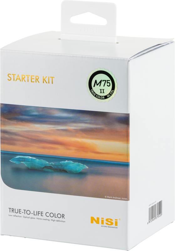 The white box, labelled NiSi Square Filter M75 II Starter Kit, features a sunset image of an icy shoreline, the TRUE-TO-LIFE COLOR text and the NiSi brand in orange in the bottom right corner.