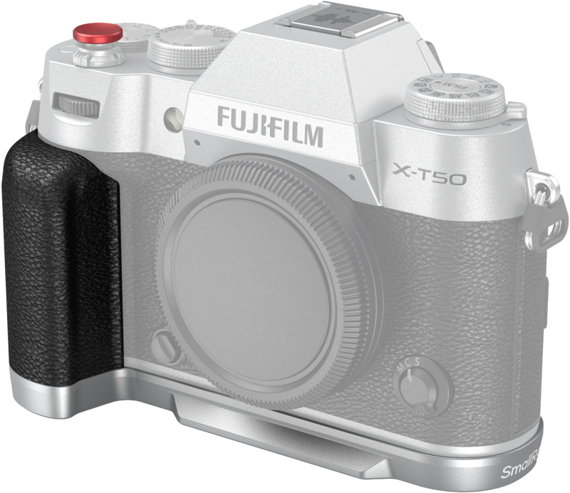 Close-up of the SmallRig 4713B Silicone L-Shape Handle attached to a silver Fujifilm X-T50 mirrorless camera, highlighting the black textured handle and adjustment wheels when the lens is not mounted.