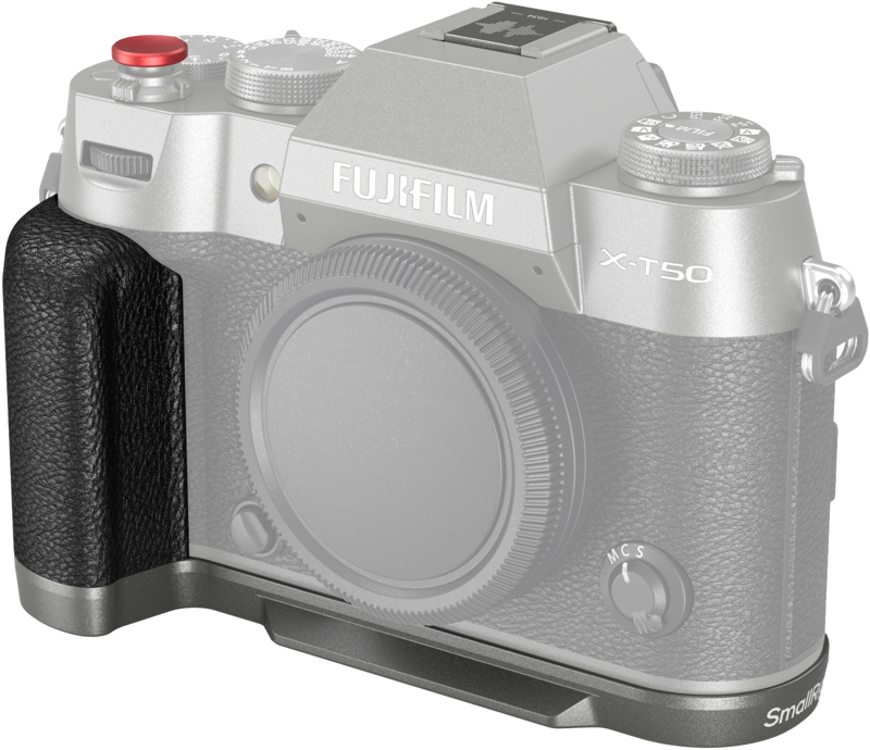 Lähikuva Fujifilm X-T50 -kamerasta, johon on kiinnitetty SmallRig 4712 Silicone L-Shape Handle in Charcoal Silver, jossa korostuvat kuvioitu kahva, säätimet ja kameran tuotemerkki.
