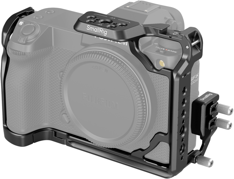 The SmallRig 4715 Cage Kit for FUJIFILM GFX100S II is mounted on a semi-transparent Fujifilm camera and features multiple mounting points and a side mount for accessories.