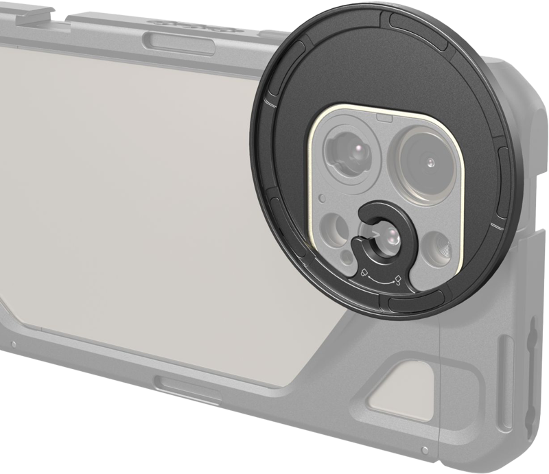 Close-up of the SmallRig 4587 Attachable Filter Adapter (M-Mount) 67mm, showing its circular design mounted on the rear camera of the unit. The adapter is attached to a housing with reinforced corners and a textured finish.