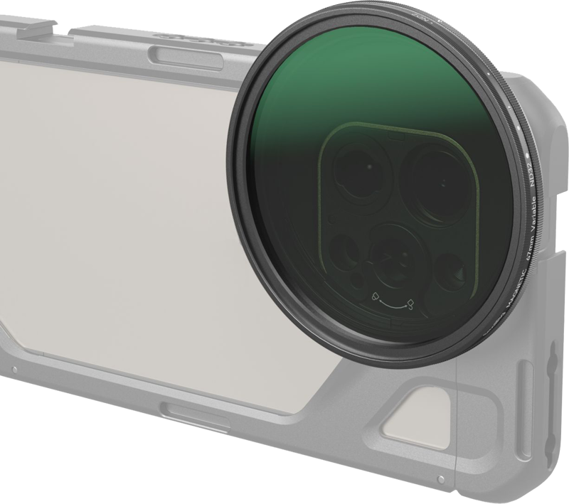 A smartphone in a protective case with a 67 mm SmallRig 4581 Attachable VND filter ND2-ND32 (1-5 stop) mounted on the rear camera.