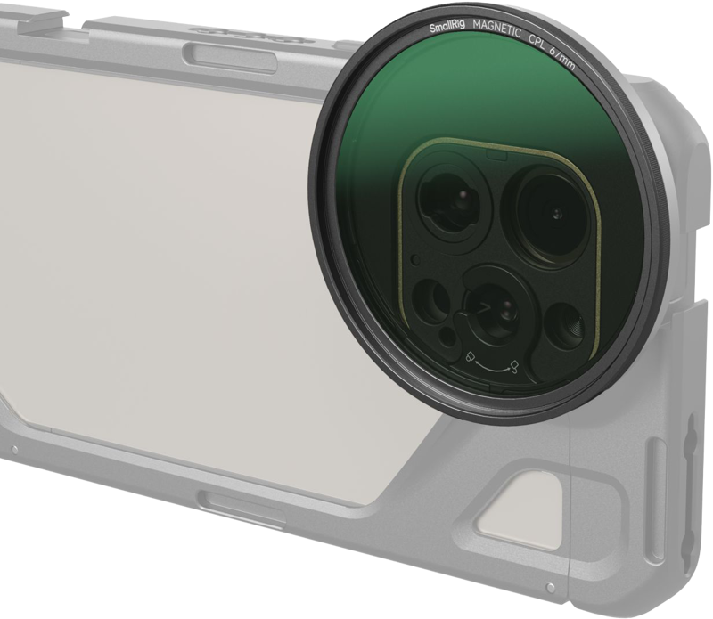 Close-up of the SmallRig 4582 Attachable CPL filter (67 mm) mounted on a smartphone camera lens, showing its dark green tint and precise fit.