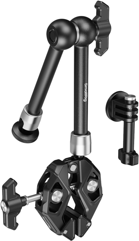 SmallRig 4454 Crab-Shaped Super Clamp Kit with Magic Arm, musta, sisältää kiinnittimet ja ruuvit kameroiden tai lisävarusteiden kiinnittämistä varten; kuvassa purettuna valkoisella pohjalla.