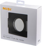 800q-02_106981 The white retail box contains a NiSi filter holder (180mm) Canon 11-24mm f/4L disc filter holder with a product description and information in black and orange text on the front.
