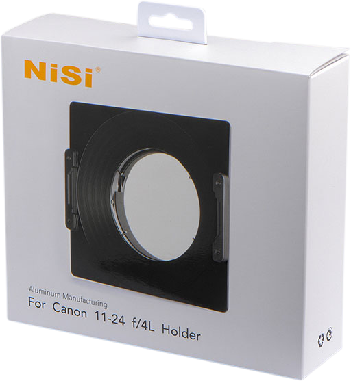 800q-02_106981 The white retail box contains a NiSi filter holder (180mm) Canon 11-24mm f/4L disc filter holder with a product description and information in black and orange text on the front.
