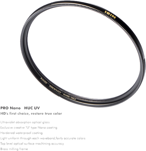 The NiSi Filter UV Pro Nano Huc 52mm UV filter lens filter is visible against a light background and its features, such as UV absorption and nanocoating, are briefly listed below.