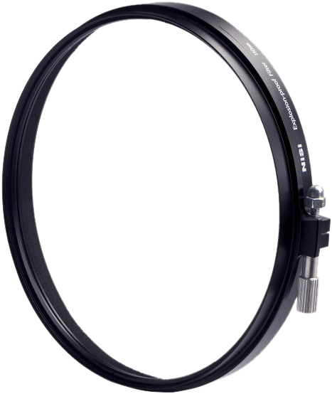 The NiSi Cine Filter Explosion Proof Circular 95mm is a black circular lens filter holder with a silver clamping screw, designed for attaching filters to the camera lens, against the usual light background in the picture.