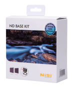 The NiSi Filter IRND Base Kit 100mm filter kit features a rocky river scene on the front. The NiSi logo appears in the bottom right corner, and a blue sticker indicates that an ND filter guide is included.