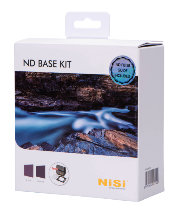 The NiSi Filter IRND Base Kit 100mm filter kit features a rocky river scene on the front. The NiSi logo appears in the bottom right corner, and a blue sticker indicates that an ND filter guide is included.