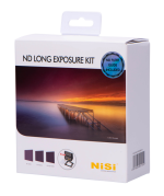 NiSi Filter IRND Long Exposure Kit 100mm -suodinpaketti -merkinnällä varustetussa tuotepakkauksessa on auringonlaskukohtaus, jossa on puinen laituri veden yllä, mainitaan mukana toimitettu ND-suodatinopas ja näkyy NiSi-logo oikeassa alakulmassa.